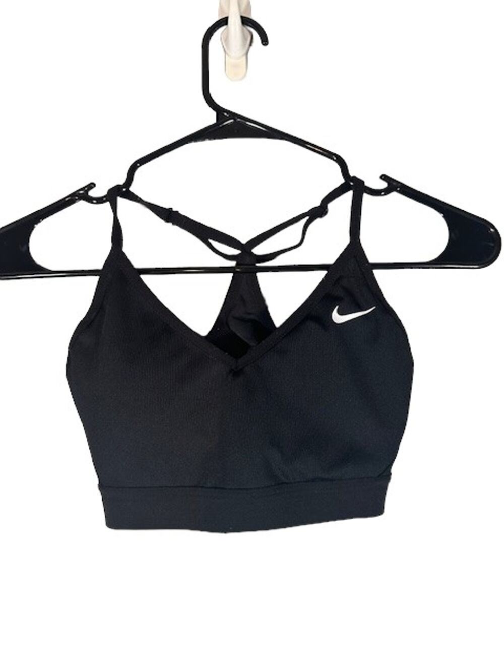 Nike Black Logo Front Racerback V-Neck Front Design Sports Bra Women Sz S